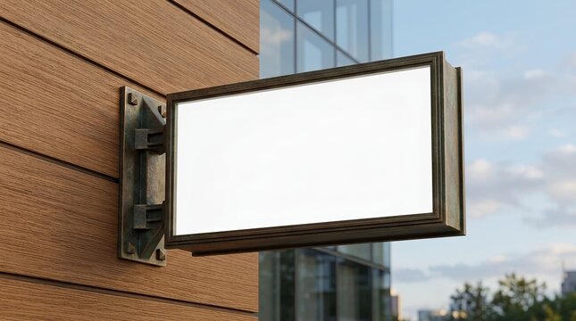 Customizable blank rectangular illuminated outdoor sign with vintage style metal frame attached to a contemporary wooden wall.
