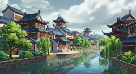 Naklejka premium Traditional oriental architecture featuring an ancient Chinese pavilion with a decorative roof stands by a serene lake in a lush park under a clear sky