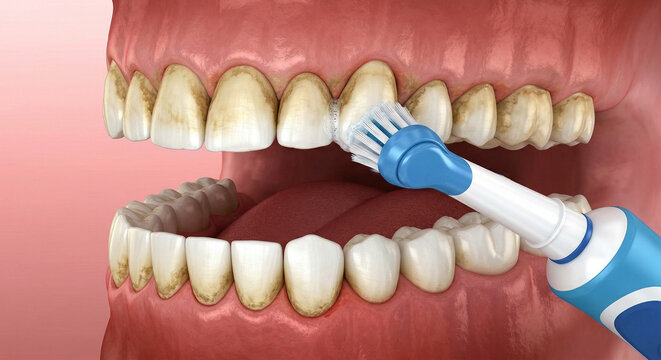 Imagen educativa de salud bucal mostrando limpieza de enc&iacute;as y dientes con tecnolog&iacute;a moderna
