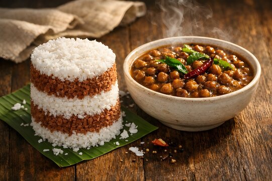 Traditional Red Rice Puttu and Kadala Curry with Fresh Steam