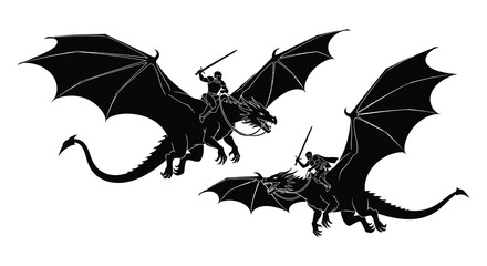 A dramatic depiction of two knights riding dragons in flight showcasing a striking black silhouette high quality professional detailed modern elegant © GDOthoi02