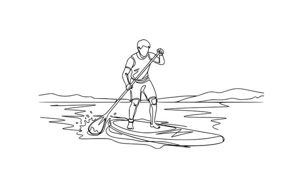 Continuous line SUP paddle board man rowing water sport vector illustration isolated on white background