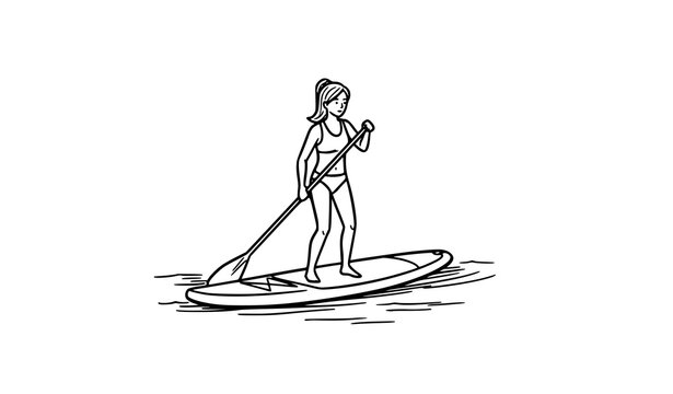 Hand drawn girl paddling SUP board water sports navy ink doodle line art vector illustration isolated on white background