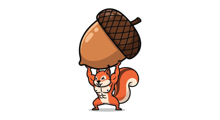 A muscular squirrel struggles to lift a giant acorn above its head in a playful cartoon silhouette high quality professional detailed © GDOthoi02