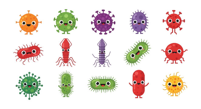 A colorful collection of cartoon viruses and bacteria with cheerful faces presented on a white background silhouette high quality professional detailed