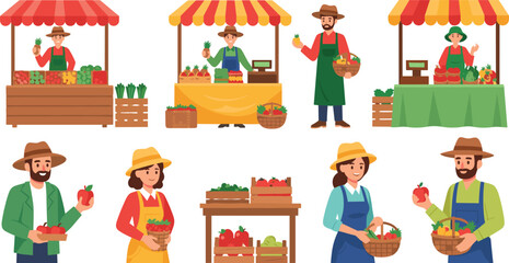 Fototapeta premium Farmers market vector set with vendors selling fresh fruits vegetables stalls and organic produce illustration isolated on white background