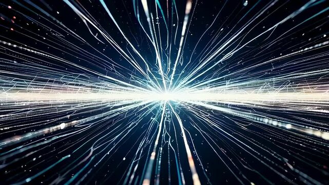 Starfield streaks radiating outward quickly, Intense light beams shoot from center space, Rapidly expanding star light patterns with neon highlights against cosmic background