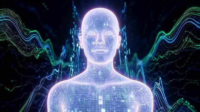 Illuminated digital entity glows, Radiant brainshaped form against data waves, Shining synthetic brain figure positioned amidst undulating data pattern and electronic illumination