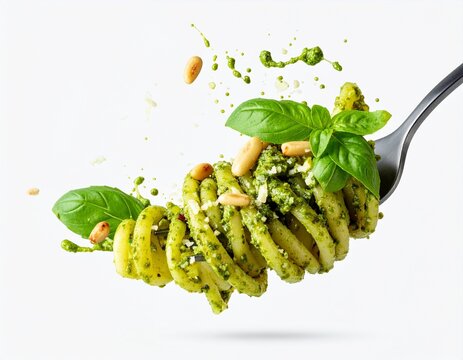 Forkful of Pesto Pasta with Basil and Pine Nuts