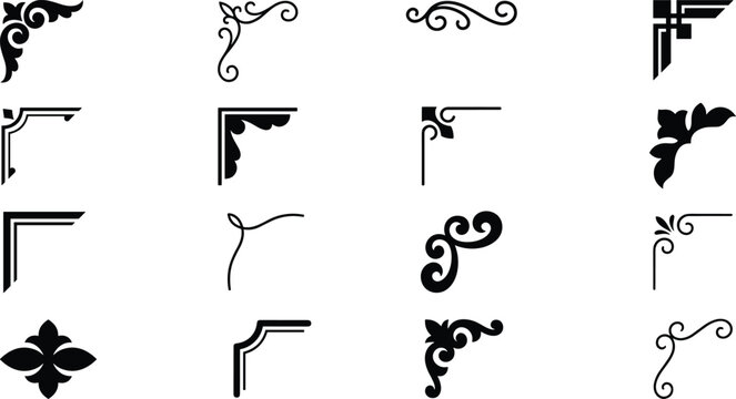 Set of 16 unique decorative corner ornaments and flourishes for frames, invitations, certificates, menus, vintage branding, wedding stationery and elegant ornamental graphic layouts