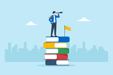 Flat illustration of businessman standing on tall stack of books using telescope for executive leadership succession planning and long term business vision
