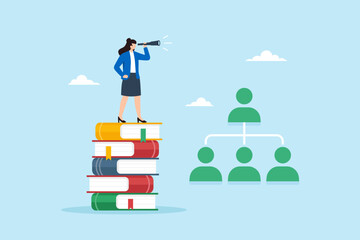 Flat illustration of businesswoman standing on tall stack of books using telescope searching talent for recruitment and career growth strategy