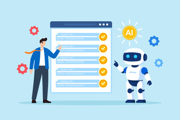 Flat illustration of office worker using AI assistant managing task checklist through workflow automation platform for operations productivity monitoring system