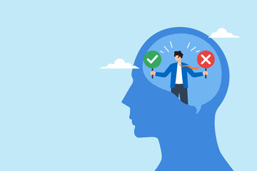 Flat illustration of businessman holding check mark and cross sign in head silhouette representing executive decision approval process through strategic evaluation framework with copyspace