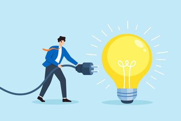 Flat illustration of businessman connecting power cable into glowing lightbulb representing business idea activation and strategy execution planning