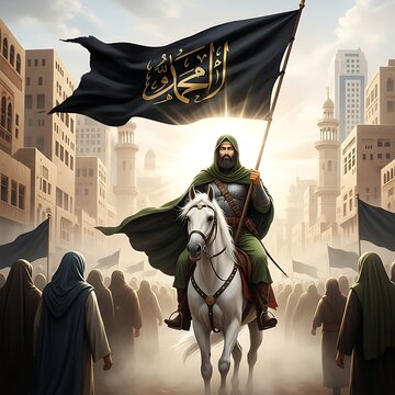Brave Islamic Warrior Riding White Horse Holding Black Banner with Arabic Calligraphy