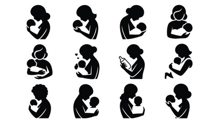 Black silhouettes of mothers breastfeeding babies various poses and emotions icon collection
