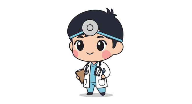 Cute chibi style male doctor character standing and holding a clipboard, presenting an approachable medical professional, on an isolated white background.