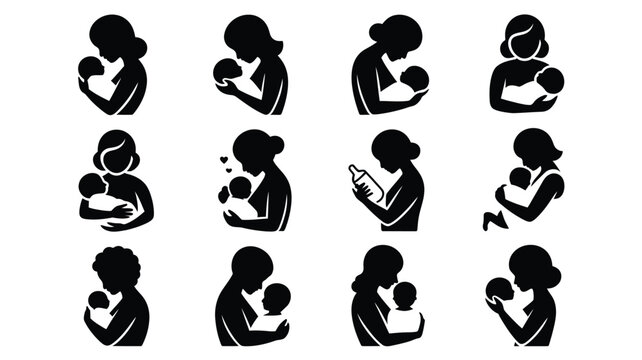 Black silhouettes of mothers breastfeeding babies various poses and emotions icon collection