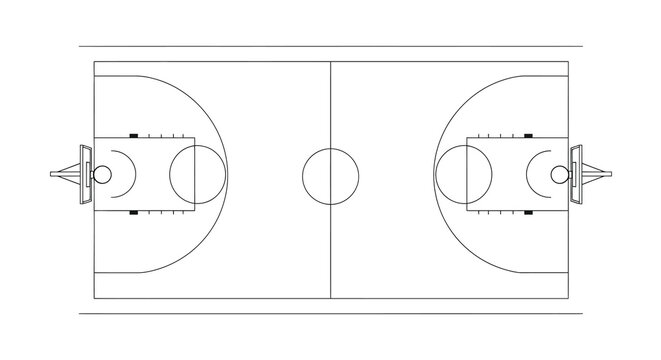 Overhead view of a basketball court with hoops and markings