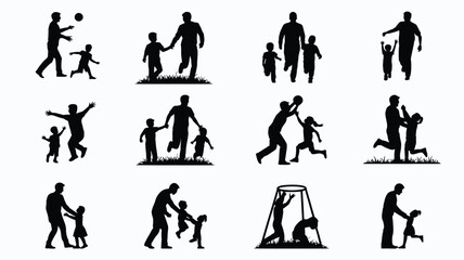 Fototapeta premium Black silhouettes of adults and children playing together outdoors in various fun activities