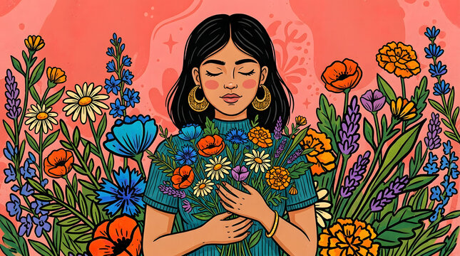 A peaceful illustrated Latina woman with closed eyes holds a colorful wildflower bouquet, surrounded by vibrant blooms on a coral pink background.