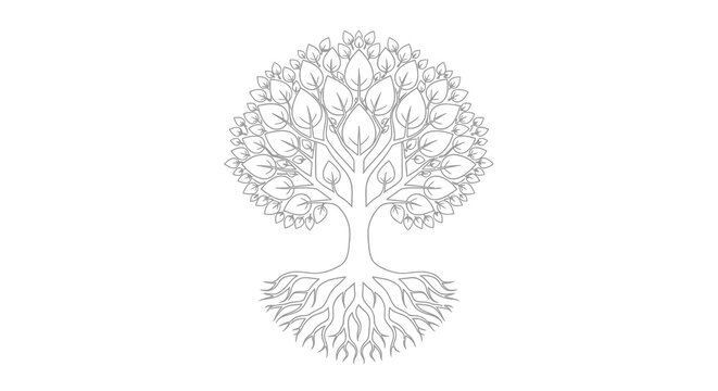 Intricate black and white drawing of a tree with detailed leaves and roots