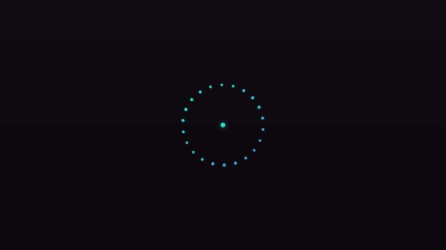 Futuristic loading animation featuring glowing blue dots rotating in a circular motion with a pulsing center element. Smooth seamless loop with modern digital interface style, ideal for technology the