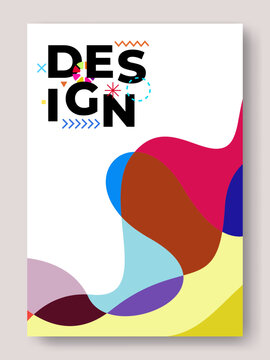 Modern Memphis Style Abstract Poster with Colorful Overlapping Liquid Shapes and Decorative Geometric Elements