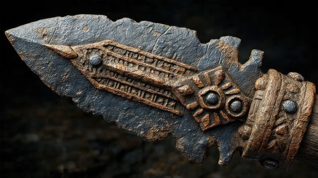 Close-up of an ancient, ornate arrowhead and handle
