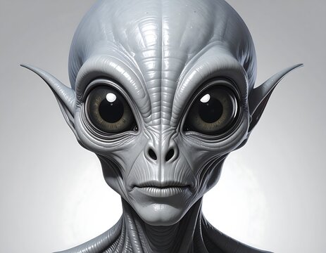 Detailed close-up portrait of a grey alien with large eyes on plain background