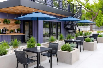 Fototapeta premium Modern purple shipping container cafe outdoor patio