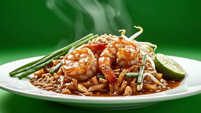 Close up of delicious Pad Thai noodles with juicy shrimp and lime wedge garnished with chopped peanuts and green onions set against a vibrant green background with soft steam rising