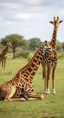 Obraz premium Giraffes in the African Savannah - A Moment of Rest and Observation.