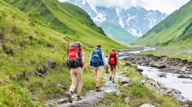 Backpackers hiking mountain valley trail with river and snow peaks