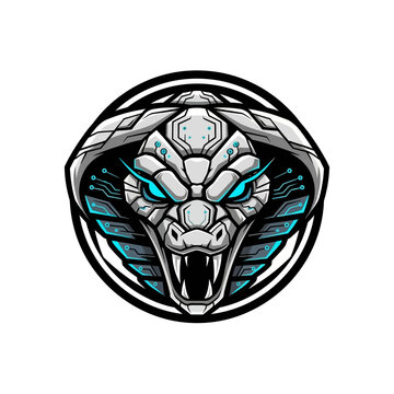 A menacing robotic snake head logo.