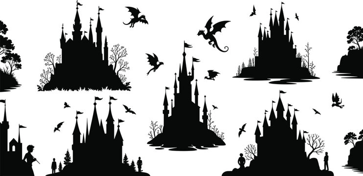 Collection of fantasy magic castle silhouettes with flying dragons wizards and mythical towers isolated on white background for fairytale concept
