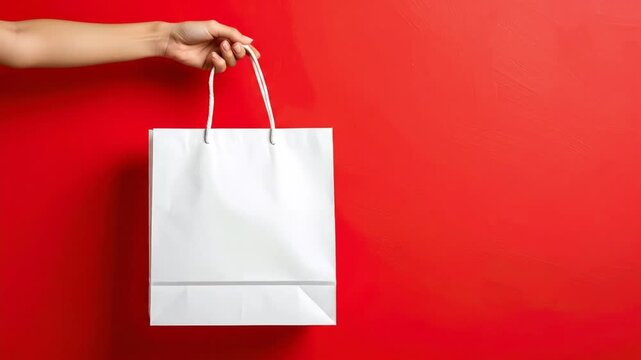 Graceful hand holding a pristine white paper gift bag with string handles, presented against a vibrant red backdrop, for retail, discounts