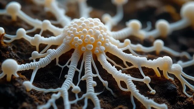Extreme macro animation of white mycelium network branching and growing on soil