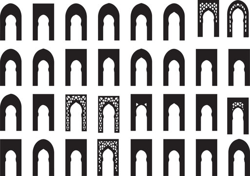 Vector set of various mihrab frame silhouettes on transparent background for design