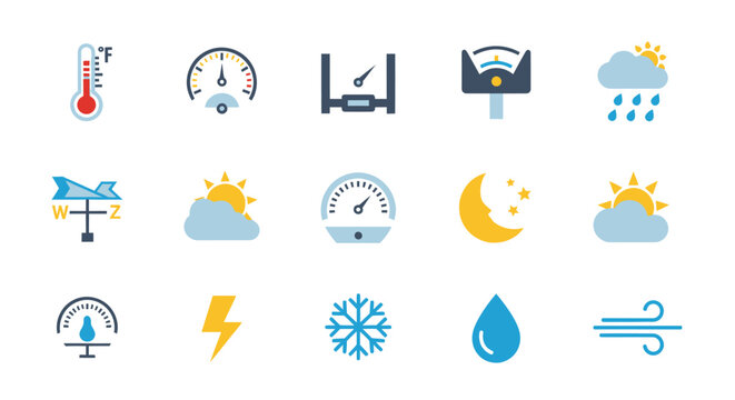 Weather Icons Set: Thermometer, Gauge, Sun, Clouds, Rain, Moon, Snow, Wind, Lightning