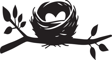 Black silhouette illustration of a bird nest resting on a tree branch on transparent background © raja