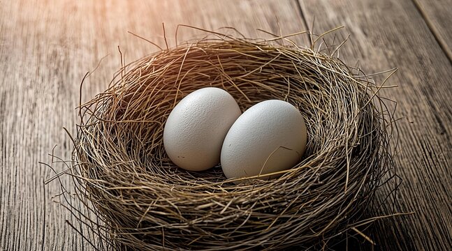 Two white eggs nestled in a cozy bird's nest on a rustic wooden surface