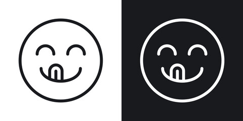 Yummy smile emoji icon set in black and white stroke lines © chandi