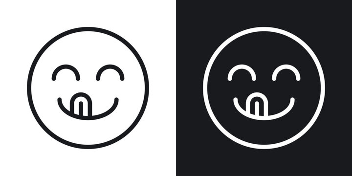 Yummy smile emoji icon set in black and white stroke lines