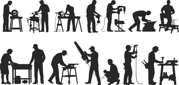 Collection of professional craftsman silhouettes working with various power tools carpentry equipment and industrial machinery isolated on white background for workshop conceptCollection of