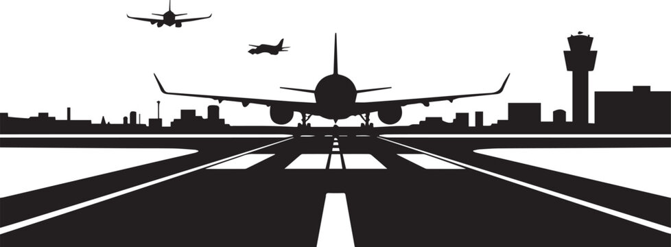Airport runway landscape with airplane on transparent background vector scene