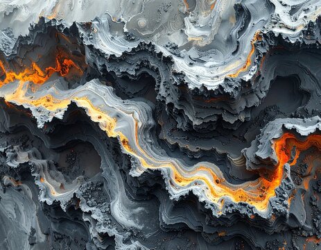 Abstract fractal art with dynamic waves of grey, white, orange, and yellow hues.