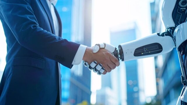 ビジネス街でスーツ姿の男性とAIロボットが握手　AI協働ビジネス、業務効率化、DXイメージ