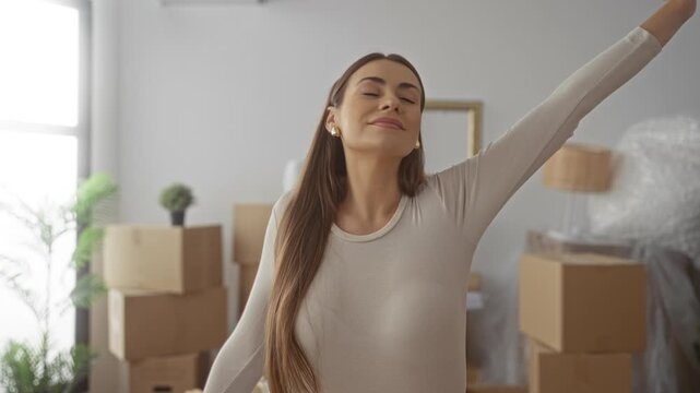 Young woman with closed eyes stretching arms among packed cardboard boxes inside a building; contentment new beginning.